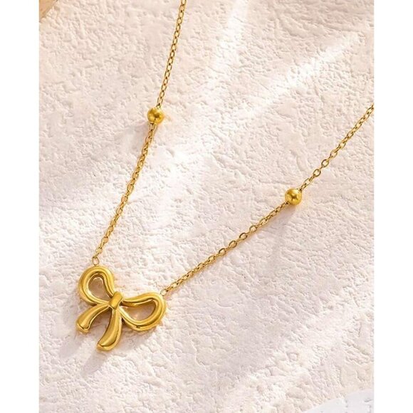 18k Golden Plated Stainless Steel Bow Pendant Necklace With Dainty Beaded Chain - Picture 3 of 3
